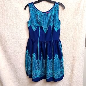 Small, blue and turquoise silk print dress